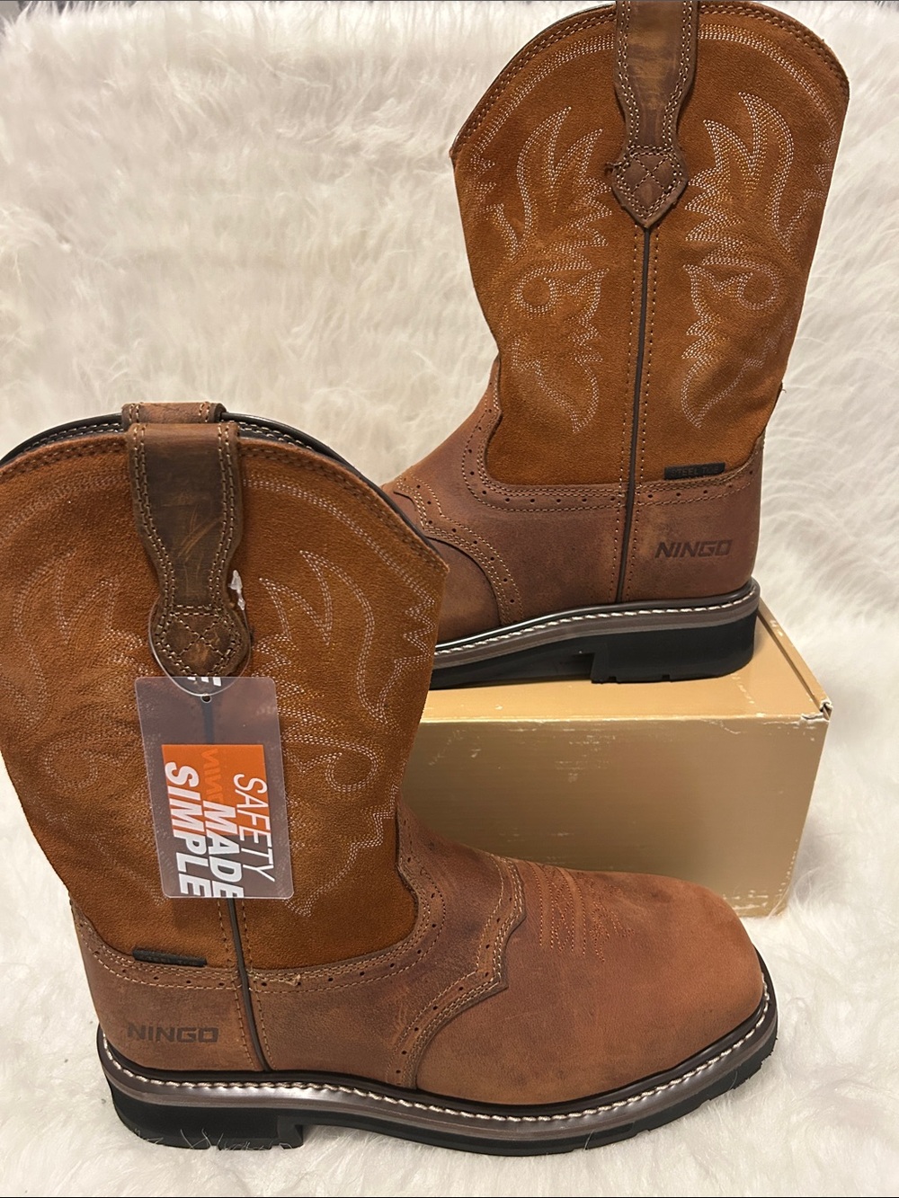 Ningo Men's Brown Western Safety Boots - Rugged Pull-On Cowboy Style